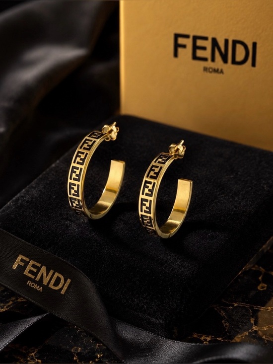 Fashion Jewelry Jewelry - 18K Gold and Black Fendi FF Pattern Hoop Earrings